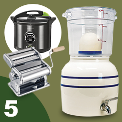 Tile labeled #5 featuring a collage of products including a pressure canner, a pasta maker, and a water crock; click to get deal.
